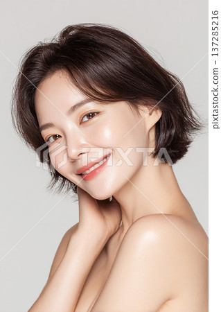 A clean-cut adult woman's profile. Whitening, cosmetic medicine, beauty salon image. 137285216