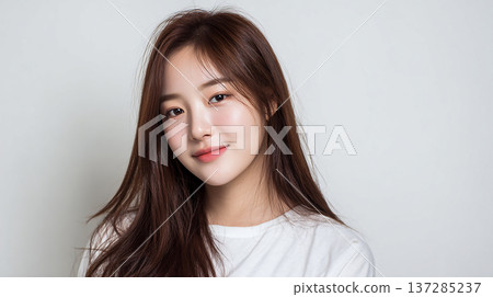 Smiling Asian woman portrait white background lifestyle material 137285237