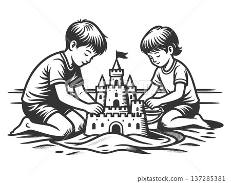 Children Building Sandcastle Together on Beach Children Building Sandcastle Together on Beach 137285381