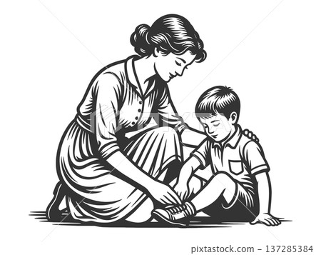 Mother Tying Child Shoe in Caring Moment raster 137285384