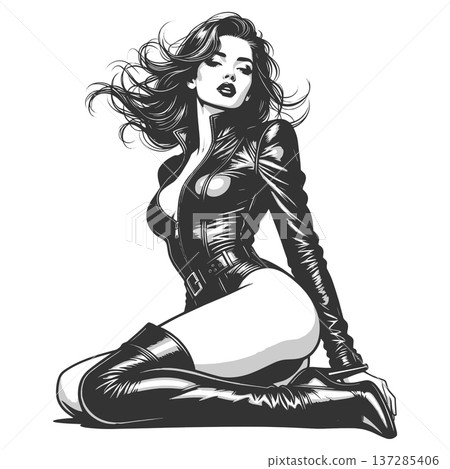 Stylish Woman in Black Leather Outfit vector 137285406