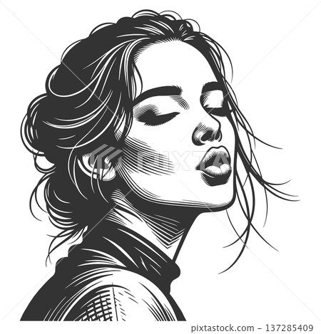 Beautiful Woman Blowing Kiss engraving vector 137285409