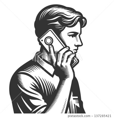 Young Man Talking on Smartphone in Profile vector 137285421