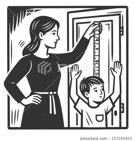 Mother Measuring Child Height at Home vector Mother Measuring Child Height at Home vector 137285423