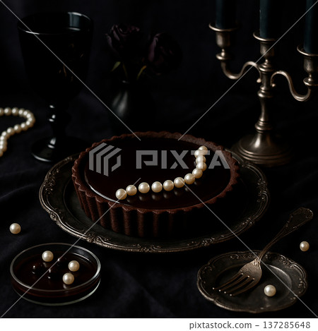 A beautiful jet black chocolate tart decorated with pearls 137285648