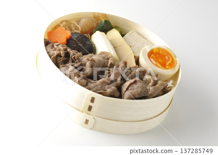 Sukiyaki bento box with plenty of ingredients photographed against a white background 137285749