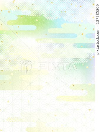 A Japanese-style background illustration combining fresh green gradation and traditional Japanese patterns 137285809