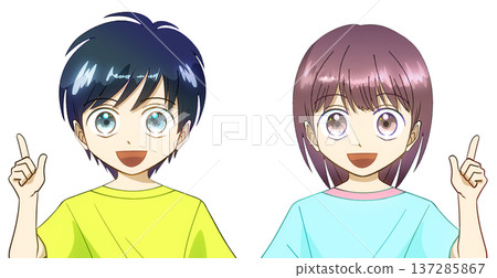 動漫風格的插畫，描繪了一對穿著夏裝的男孩和女孩，背景為白色。 137285867