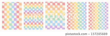 Retro pastel rainbow gingham pattern set. Hand drawn textured checkered squares in pride flag colors. Seamless geometric background for social media, graphic prints, invitation card design. Vector. Retro pastel rainbow gingham pattern set. Hand drawn textured checkered squares in pride flag colors. Seamless geometric background for social media, graphic prints, invitation card design. Vector. 137285889