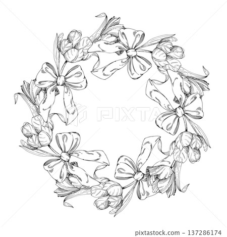 Wreath of tulips and bows. Handmade ink vector illustration of tulip. For design of cards, cover, prints, product labels and fabric. Wreath of tulips and bows. Handmade ink vector illustration of tulip. For design of cards, cover, prints, product labels and fabric. 137286174