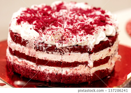 Red velvet layered cake with cream frosting Red velvet layered cake with cream frosting 137286241