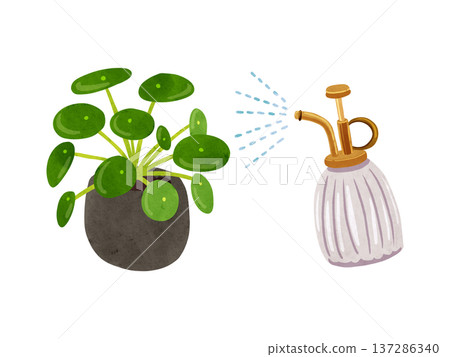 噴霧器和盆栽豆瓣綠水彩手繪插圖 噴霧器和盆栽豆瓣綠水彩手繪插圖 137286340