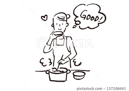 A young woman tasting food while cooking in the kitchen. A simple black and white illustration drawn with crayons. 137286691