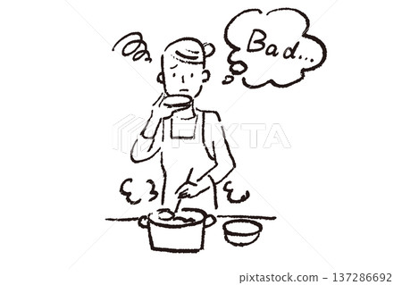 一位年輕女子在廚房做飯時品嚐食物。這是一幅用蠟筆繪製的簡單黑白插圖。 137286692