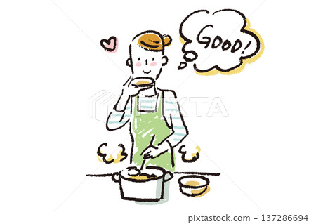 A young woman tasting food while cooking in the kitchen. A simple crayon-drawn illustration 137286694