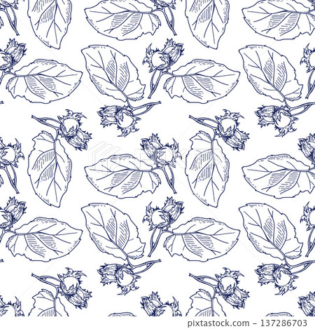 Hazelnut seamless pattern. Square vector illustration with nuts and leaves. Hazelnut seamless pattern. Square vector illustration with nuts and leaves. 137286703