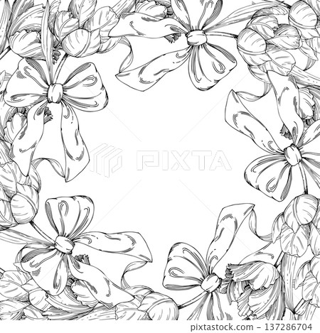 Square frame of tulips and bows. Handmade ink vector illustration of tulip. For design of cards, cover, prints, product labels and fabric. Square frame of tulips and bows. Handmade ink vector illustration of tulip. For design of cards, cover, prints, product labels and fabric. 137286704