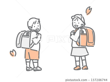 一幅簡潔時尚的線條畫，描繪了一位一年級小學生自豪地展示他的書包。 137286744