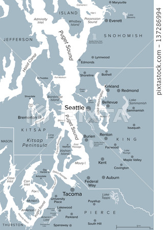 Seattle metropolitan area, U.S. state of Washington, gray political map. Urban agglomeration comprising Seattle, its surrounding satellites and suburbs, in counties King, Pierce, and Snohomish. Vector Seattle metropolitan area, U.S. state of Washington, gray political map. Urban agglomeration comprising Seattle, its surrounding satellites and suburbs, in counties King, Pierce, and Snohomish. Vector 137286994