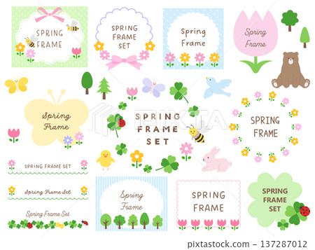 Vector illustration set of cute spring frames. Flowers, clover, butterfly, ladybug Vector illustration set of cute spring frames. Flowers, clover, butterfly, ladybug 137287012