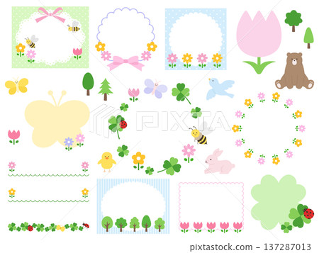 一組可愛的春季邊框向量插圖。包含花朵、三葉草、蝴蝶和瓢蟲。 137287013