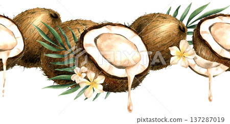Watercolor seamless border with coconut, flowing white milk, dripping drop of oil. Leaves, blossom and white flowers. Hand drawn repeat illustration isolated on transparent background. Banner, frame 137287019