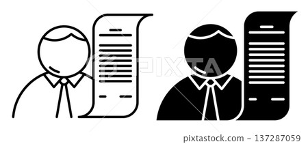 Linear icon. Bank client reads a loan agreement before signing a contract. Simple black and white vector symbol isolated on white background Linear icon. Bank client reads a loan agreement before signing a contract. Simple black and white vector symbol isolated on white background 137287059