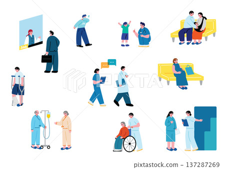 一組描繪人們探望醫院的插圖 一組描繪人們探望醫院的插圖 137287269