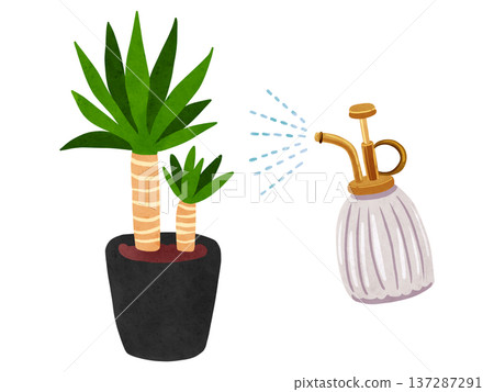 Mist spray and potted yucca - watercolor hand-drawn illustration Mist spray and potted yucca - watercolor hand-drawn illustration 137287291