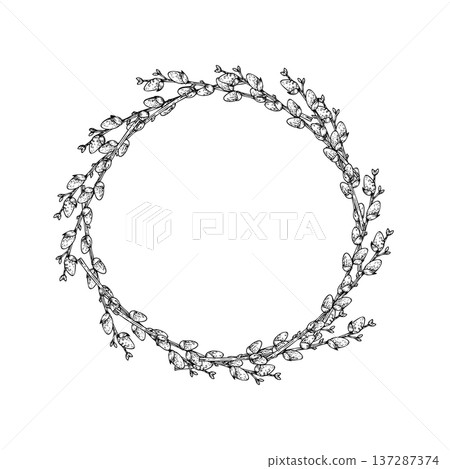 Vector Spring willow branches wreath, frame. Graphic easter hand drawn illustration isolated on background. Botanical and wedding logo, baby clip art. For greeting card, wallpaper, wrapping paper 137287374