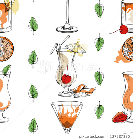 Warm seamless pattern with highball and martini iconic cocktails, creamy milkshakes, orange zest. Hand drawn seamless tile for summer tiki bar packaging, recipe sets, craft paper and home decor. 137287380
