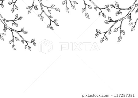 Vector Spring branch with leaves frame, template, copy space. Graphic easter hand drawn illustration isolated on background. Botanical and wedding, baby clip art. For greeting card, wallpaper Vector Spring branch with leaves frame, template, copy space. Graphic easter hand drawn illustration isolated on background. Botanical and wedding, baby clip art. For greeting card, wallpaper 137287381