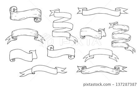 Vector scrolls paper, banners set. Hand painted linear parchment illustration. Graphic monochrome sketch isolated on background. For designers, prints, logo, icon, menu, postcards, holiday, covers 137287387