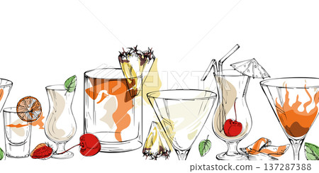 Summer beach drinks, creamy Pina Colada cocktail, milkshake, Ice tea in assorted glasses. Vector seamless header in warm color. Hand drawn for themed banners, menu tops, brand graphics and wraps. 137287388