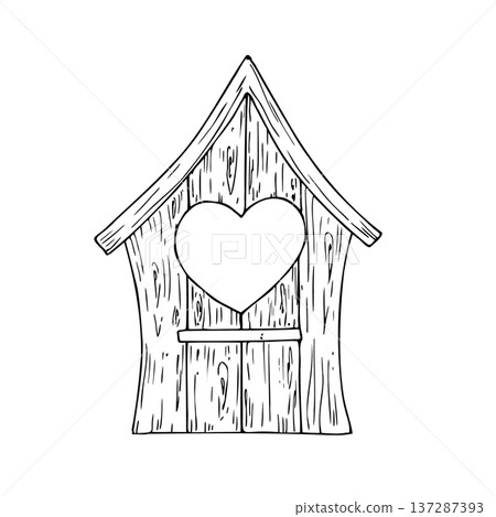 Vector cute birdhouse with door and chimney. Graphic spring house, easter hand drawn illustration isolated on background. Botanical and clip art. For greeting card, wallpaper, wrapping paper design 137287393