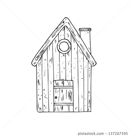 Vector cute birdhouse with door and chimney. Graphic spring house, easter hand drawn illustration isolated on background. Botanical and clip art. For greeting card, wallpaper, wrapping paper design 137287395