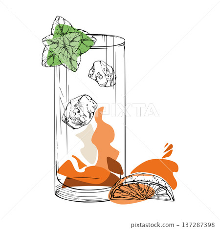 Classic Long Island cocktail with mint leaves on rim, orange juice splash, ice cubes hand drawn in ink. Golden vector palette with citrus accent. Ideal for branding kits, menus, promotional prints. 137287398