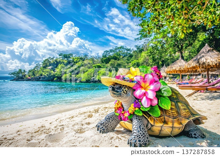 Tortoise in Sunhat with Floral Decoration on Beach Under Blue Sky Tortoise in Sunhat with Floral Decoration on Beach Under Blue Sky 137287858
