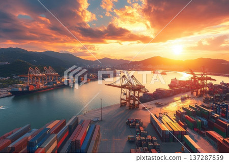 Wide Angle Shot of Logistics Distribution Center at Sunset Overlooking Shipping Containers Wide Angle Shot of Logistics Distribution Center at Sunset Overlooking Shipping Containers 137287859