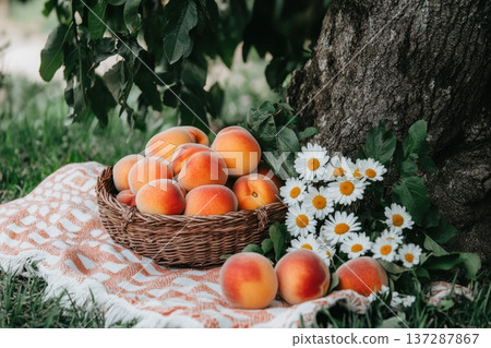 Scenic Countryside Picnic View with Blanket, Peaches, and Daisies Under a Tree Scenic Countryside Picnic View with Blanket, Peaches, and Daisies Under a Tree 137287867