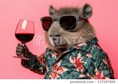 Photorealistic Chubby Capybara in Tropical Shirt Holding Wine Glass Photorealistic Chubby Capybara in Tropical Shirt Holding Wine Glass 137287868