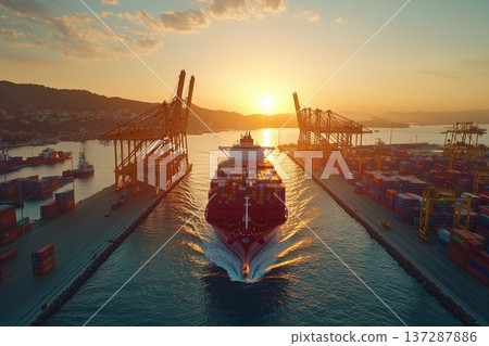 Massive Cargo Ship Navigating Through International Waters at Sunset Massive Cargo Ship Navigating Through International Waters at Sunset 137287886
