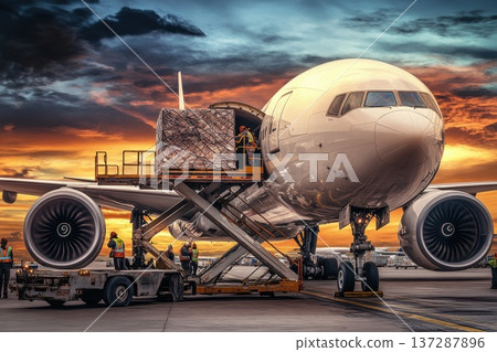 Massive Cargo Airplane Loading at Sunset with Workers and Equipment on Runway 137287896