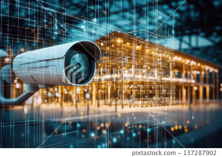 Surveillance Camera Scanning Digital House Interior with Futuristic Technology Background 137287902