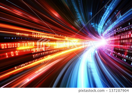 Abstract Macro Shot of Pixelated Data Transfer in Motion with Bright Colors and Light Trails 137287904