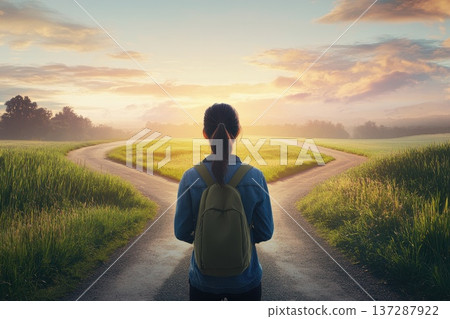 Woman Standing at a Crossroad in a Scenic Landscape during Sunrise with Lush Green Fields 137287922