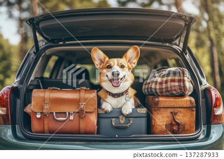Happy Corgi Sitting Inside Open Car Trunk with Luggage and Bags in Nature Happy Corgi Sitting Inside Open Car Trunk with Luggage and Bags in Nature 137287933
