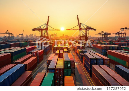 Sunrise Over Freight Transportation Hub with Cargo Containers and Cranes Sunrise Over Freight Transportation Hub with Cargo Containers and Cranes 137287952