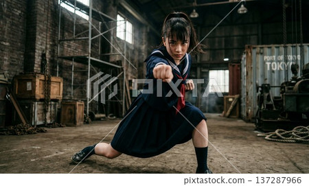 High school girl in kung fu stance 137287966