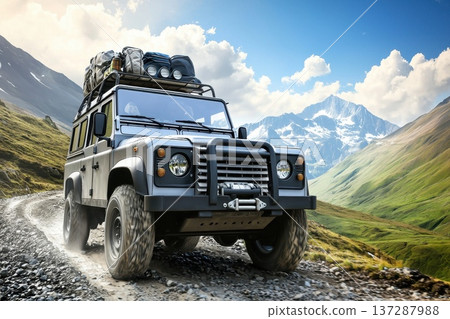 Bold Off-Road Vehicle Ready for Adventure with Packed Gear on Scenic Mountain Path Bold Off-Road Vehicle Ready for Adventure with Packed Gear on Scenic Mountain Path 137287988